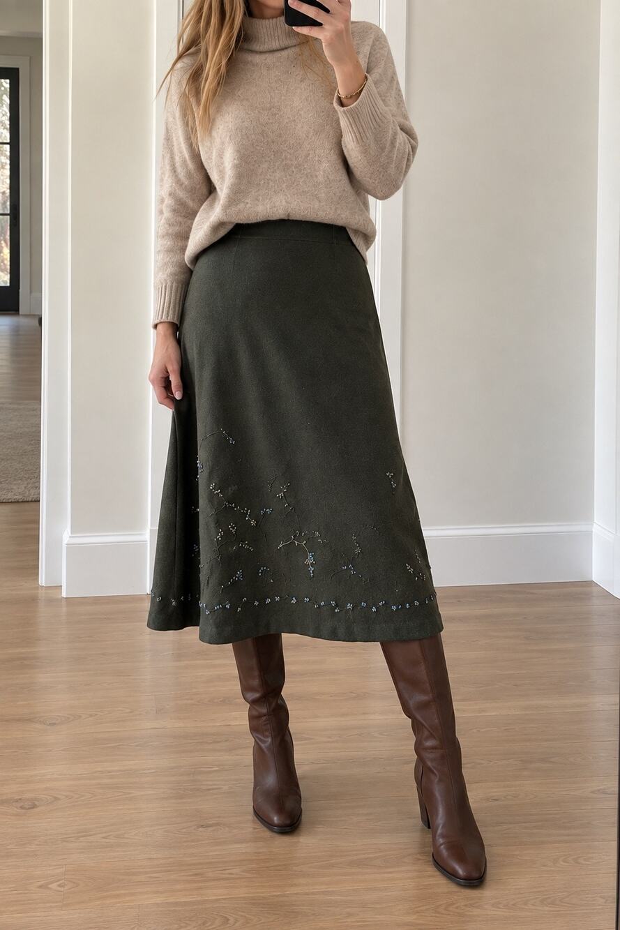 Vintage Y2K Banana Republic Wool Blend Embroidered Midi Skirt Size 12 Army Green
